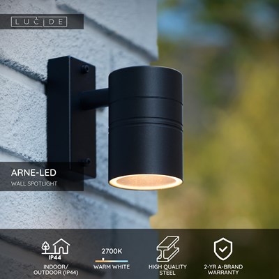 Lucide ARNE-LED - Wall spotlight / Wall light Indoor/Outdoor - Ø 6,3 cm - LED - GU10 - 1x5W 2700K - IP44 - Black